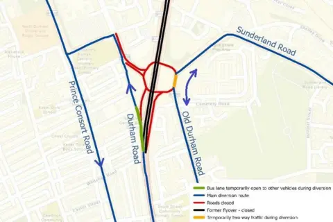 Gateshead Council A map showing the area around Five Bridges roundabout. The map shows a number of diversions, road closures and closed bus lanes.