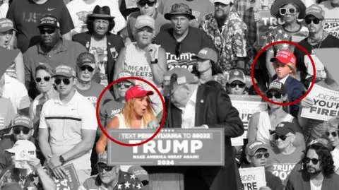 Reuters Trump at rally as shots are fired, with crowd behind and faces of Lucie and Gino circled