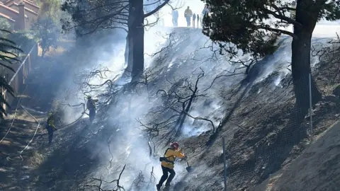AFP Firefighters work on a charred hillside near homes and the 118 Freeway in Simi Valley, California on October 30, 2019