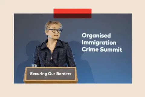 EPA-EFE/REX/Shutterstock British Secretary of State for the Home Department Yvette Cooper delivers a speech during the Border Security Summit in London