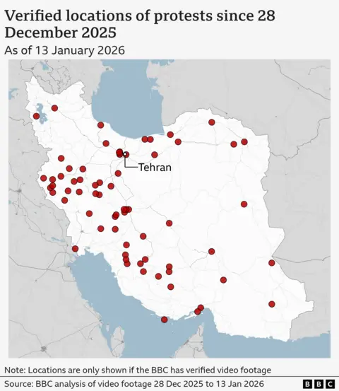 A map of Iran has 68 red dots with locations of protests across the country, from video footage analysed by the BBC from 28 December 2025 to 13 January 2026. The capital Tehran is annotated. There is at least one dot in 28 out of Iran’s 31 provinces