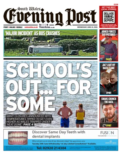 Front page of the South Wales Evening Post Front page of the South Wales Evening Post. The main headline reads: School's out...for some. Other headlines include: 'Major incident' as bus crashes; Armed forces day pictures, and Swans crunch the data. 