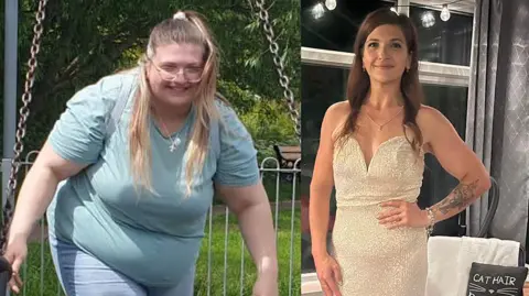 Two pictures side by side showing the same woman before and after she lost half her body weight. On the left she wears a blue t-shirt and jeans. On the right she wears a slim-fitting white cocktail dress.