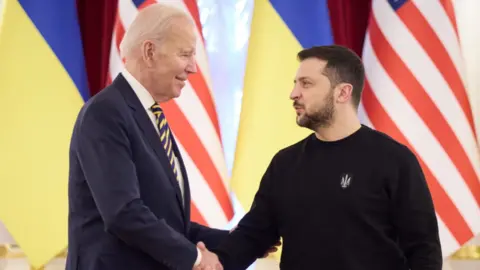 UKRAINIAN PRESIDENTIAL PRESS SERVICE -HANDOUT Biden meets Zelensky in Kyiv