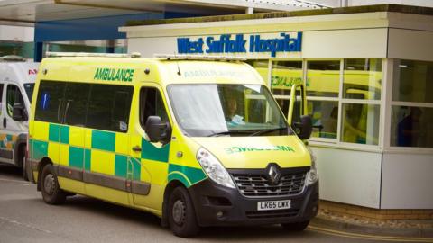 An ambulance outside the main entrance at West Suffolk Hospital, Bury St Edmunds