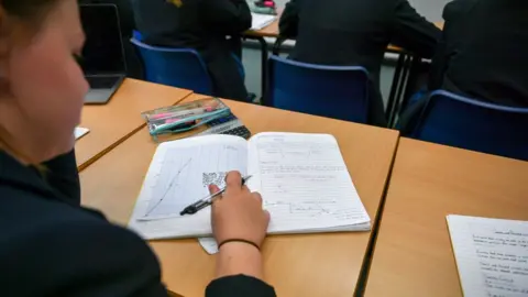 Girl with exercise book in class