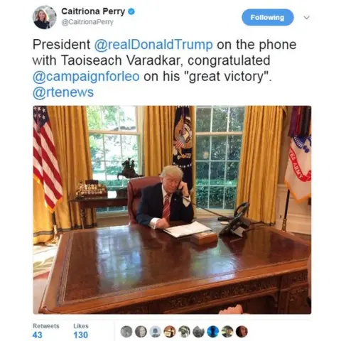 @CaitrionaPerry/Twitter President @realDonaldTrump on the phone with Taoiseach Varadkar, congratulated @campaignforleo on his "great victory". @rtenews