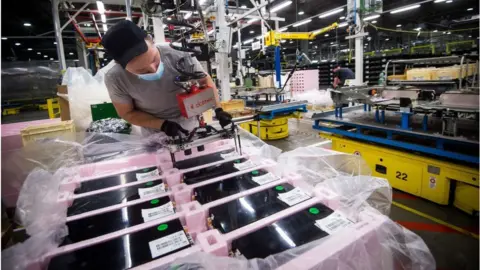 Getty Images An employee, wearing a protective face mask, assembles a battery-pack for electric cars