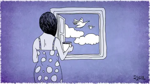 Illustration of a woman looking out of a window