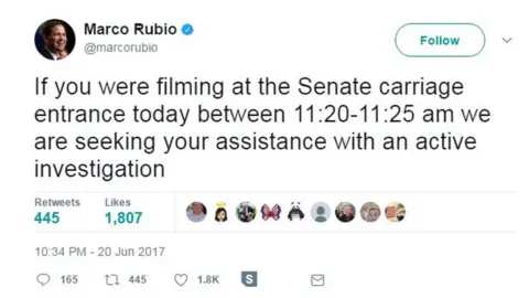 @marcorubio/Twitter If you were filming at the Senate carriage entrance today between 11:20-11:25 am we are seeking your assistance with an active investigation