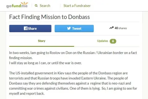 GoFundMe A screenshot from Russell Bentley's crowdfunding campaign to fund a fact finding mission to Donbass