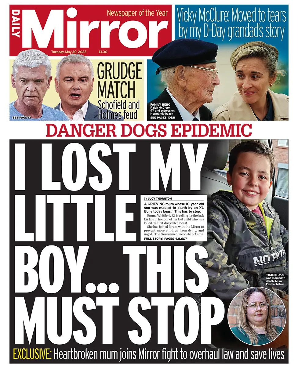The headline in the Mirror reads: "Danger dogs epidemic: I lost my little boy... this must stop"