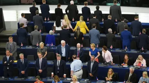 EPA Brexit Party MEPs turning their backs at the European Parliament