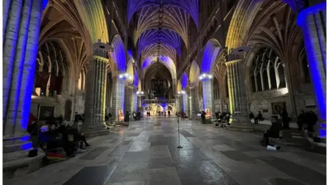 Exeter Cathedral was lit with blue and yellow lights