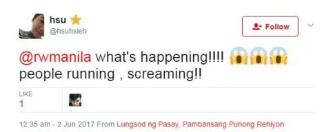 Twitter/@hsuhsieh Tweet reading '@rwmanila what's happening!!!! People running , screaming!!'