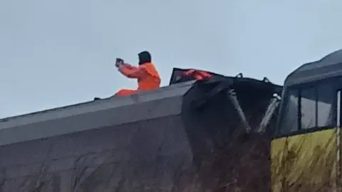 Axe Drax Activist wearing orange suit sitting on top of a train