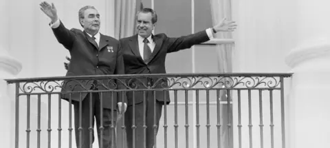 Getty Images Cold War-era President Leonid Breshnev with President Richard Nixon in June 1973