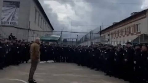 Telegram Yevgeniy Prigozhin addressing a large group of prisoners