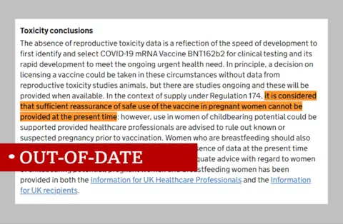 MHRA a piece of text from the government website, labelled 'out of date' with the following line highlighted: it is considered that sufficient reassurance of safe use of the vaccine in pregnant women cannot be provided at the present time