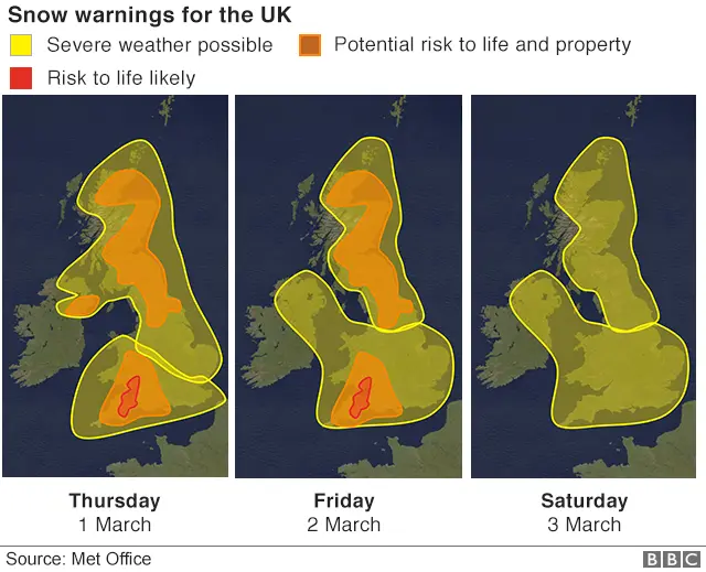 Maps showing snow warnings