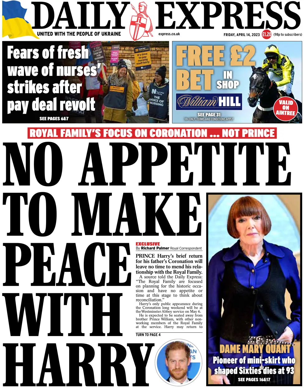 Daily Express front page, 14 April 2023