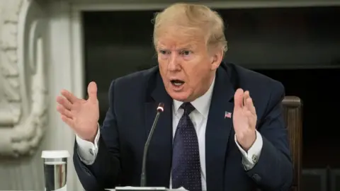 Getty Images President Donald Trump speaks during a roundtable in the State Dining Room of the White House May 18