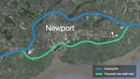 BBC/Google Map of the proposed £1.1bn M4 Relief Road