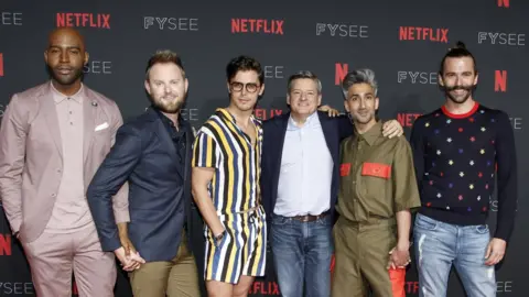 Getty Images Karamo Brown, Bobby Berk, Antoni Porowski, Ted Sarandos, Tan France, and Jonathan Van Ness