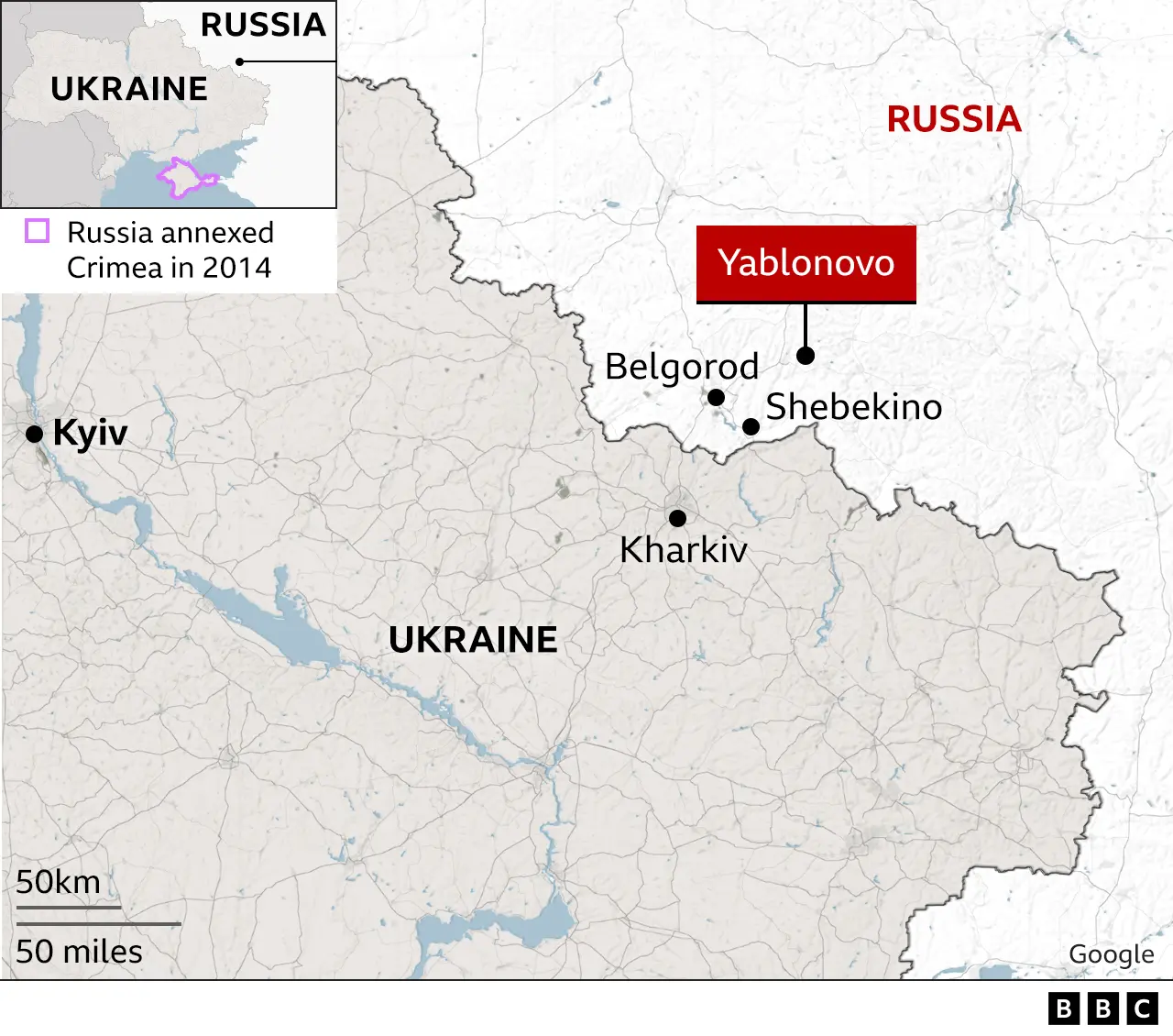 Mapa da Rússia mostrando a localização do acidente e a proximidade da Ucrânia