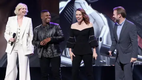 Getty Images (L-R) Actors Gwendoline Christie, John Boyega, Daisy Ridley and Director Rian Johnson of STAR WARS: THE LAST JEDI