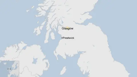 Map showing location of Prestwick and Glasgow