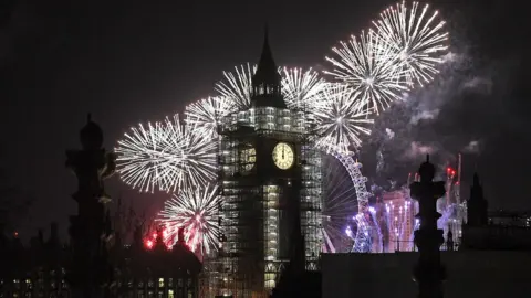 Getty Images Elizabeth Tower, the building colloquially known as "Big Ben" for the bell in its clock tower, is silhouetted against the fireworks of London