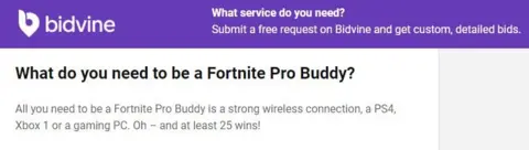 Bidvine.com Bidvine advertises for Fortnite pro-game buddies