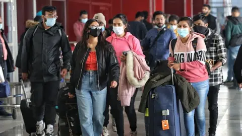Getty Images Indian student evacuees seen arriving from Ukraine arrive at Delhi Airport on 4 March 2022