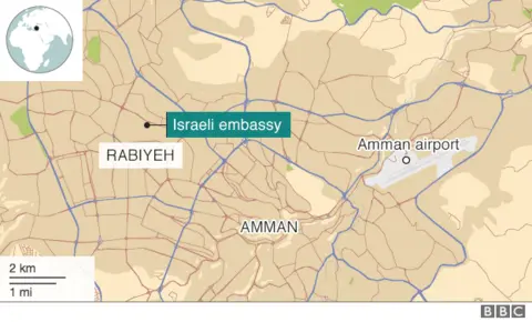 Map showing Israeli embassy in Amman