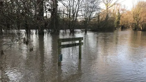 Flooded Rea Brook and surrounding valley in the Meole Brace area of Shrewsbury