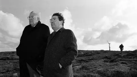 Pacemaker John Hume and Ian Paisley on Rathlin Island in 1992 when wind turbines were first installed to generate electricity for the island