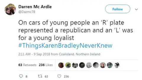 Twitter/Darren McArdle Twitter user jokes: "On cars of young people an ‘R’ plate represented a republican and an ‘L’ was for a young loyalist"