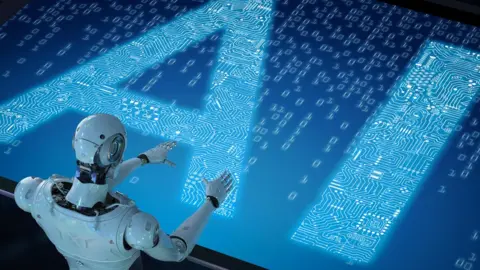 Getty Images Robot in front of AI graphic