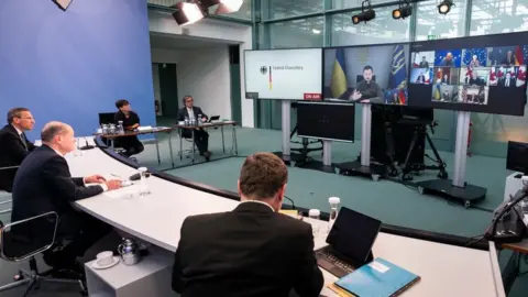 Getty Images Volodymyr Zelensky addressed the G7 by video call.