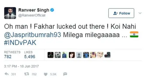 Ranveer Singh Oh man ! Fakhar lucked out there ! Koi Nahi @Jaspritbumrah93 Milega milegaaaaa ... 🇮🇳 #INDvPAK