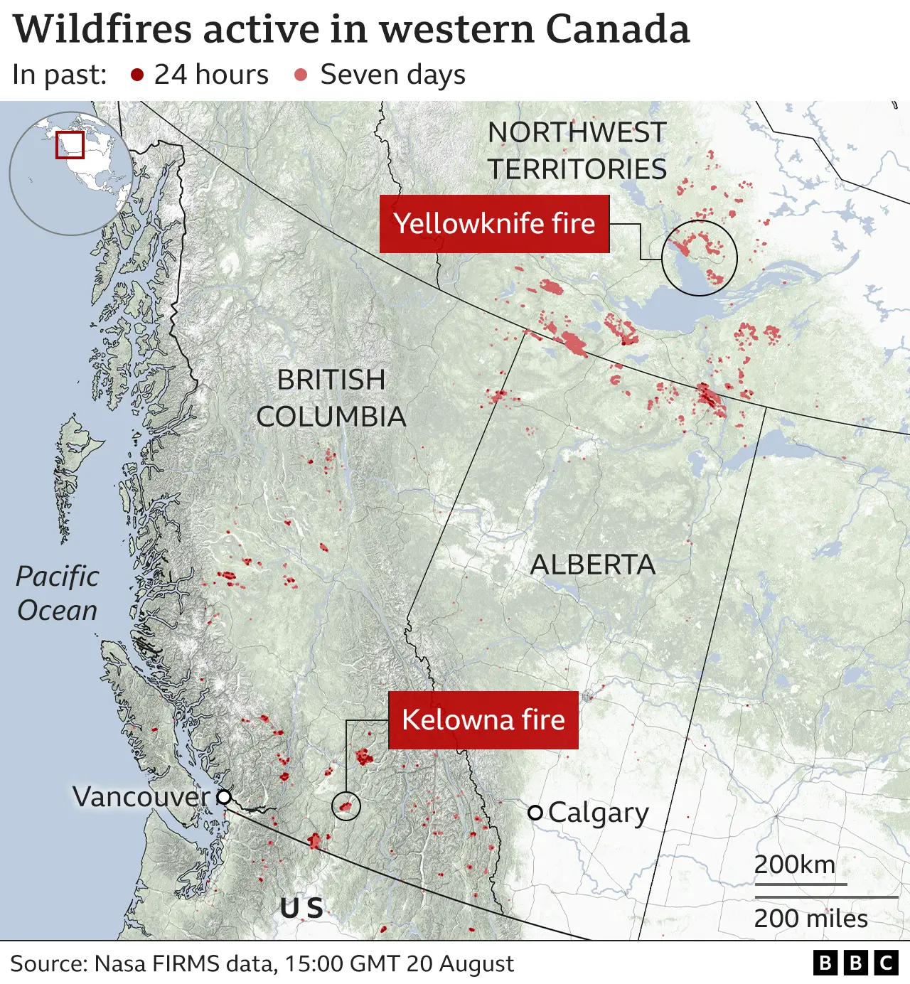 A BBC graphic (current at 15:00 GMT August 20) shows wildfires in the Canadian provinces of British Columbia, Northwest Territories and Alberta.  A large number of fires occur in the Northwest Territories, particularly around the city of Yellowknife.  Others are clustered around Kelowna in British Columbia