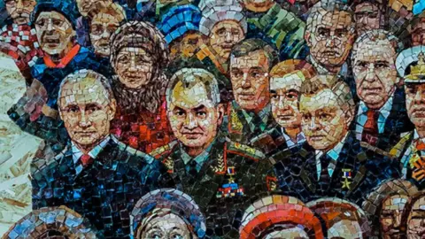 MBH Media An early edition of a mosaic including Vladimir Putin, Sergei Shoigu and Joseph Stalin that was due to be installed in a cathedral dedicated to the armed forces outside Moscow.