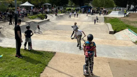 Richard Knights/BBC The reopening of the skatepark in Leiston, Suffolk