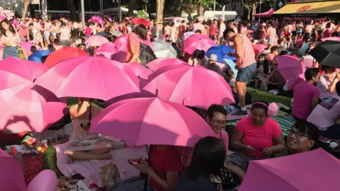 BBC Activists hold pink umbrellas to shade them from the sun