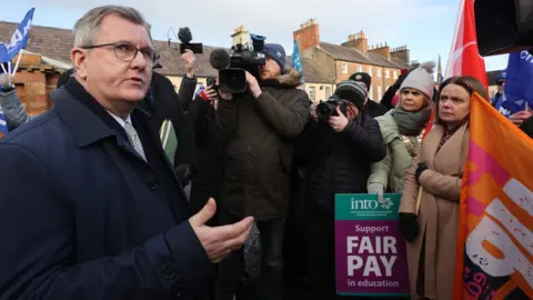 PA Media DUP leader speaking to representatives from teachers unions