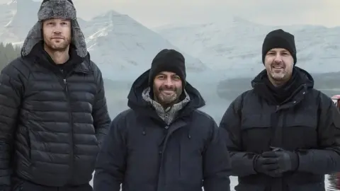 BBC Top Gear presenters Freddie Flintoff, Chris Harris and Paddy McGuinness