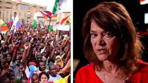 Split screen of demonstration in Niger and Barbara Plett Usher