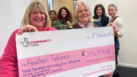 Andrew Turner/BBC Great Yarmouth mayor Penny Carpenter presents a cheque for £394,000 to Jo Critch from Feathers Futures