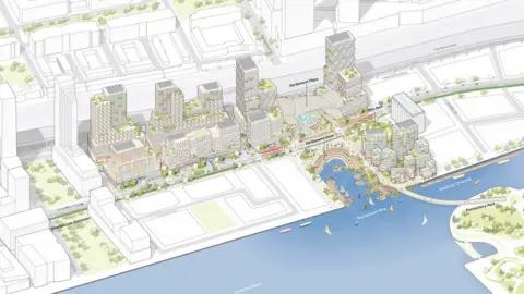 Sidewalk Labs Drawing of plans showing high rises and Toronto waterfront